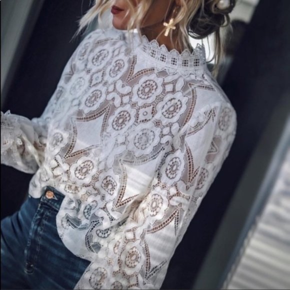 Boho Long Sleeve Stand Collar Lace Blouse White - Picture 3 of 8